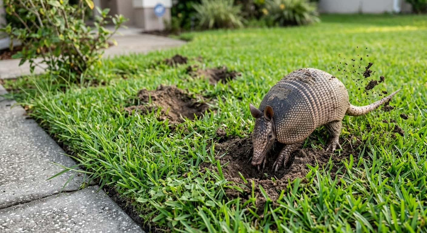 An armadillo digging a hole in a green Florida lawn next to a concrete patio edge showing yard damage