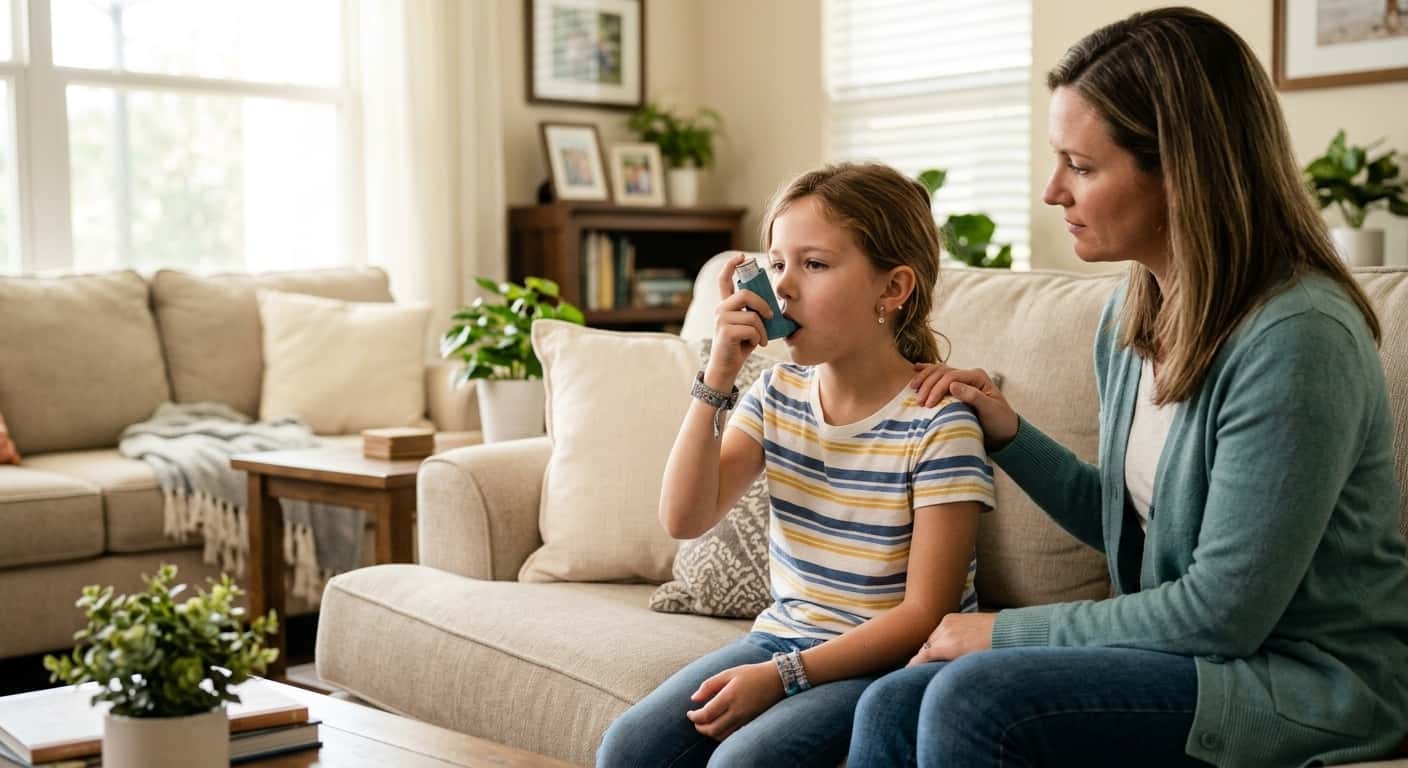 Close-up of a child using an asthma inhaler, illustrating the health impact of cockroach allergens in homes