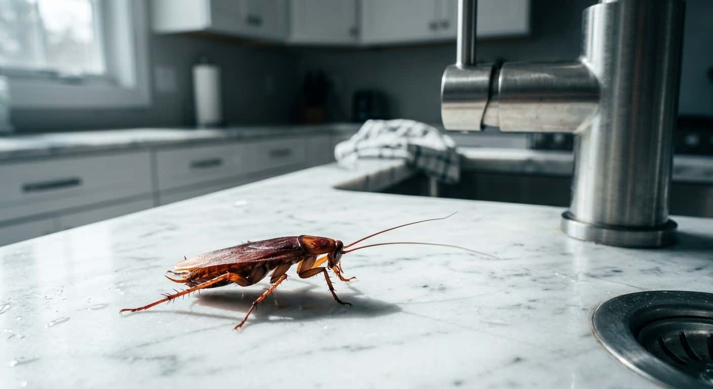 Close-up of an American cockroach on a kitchen counter highlighting the pest threat Florida homeowners face in summer