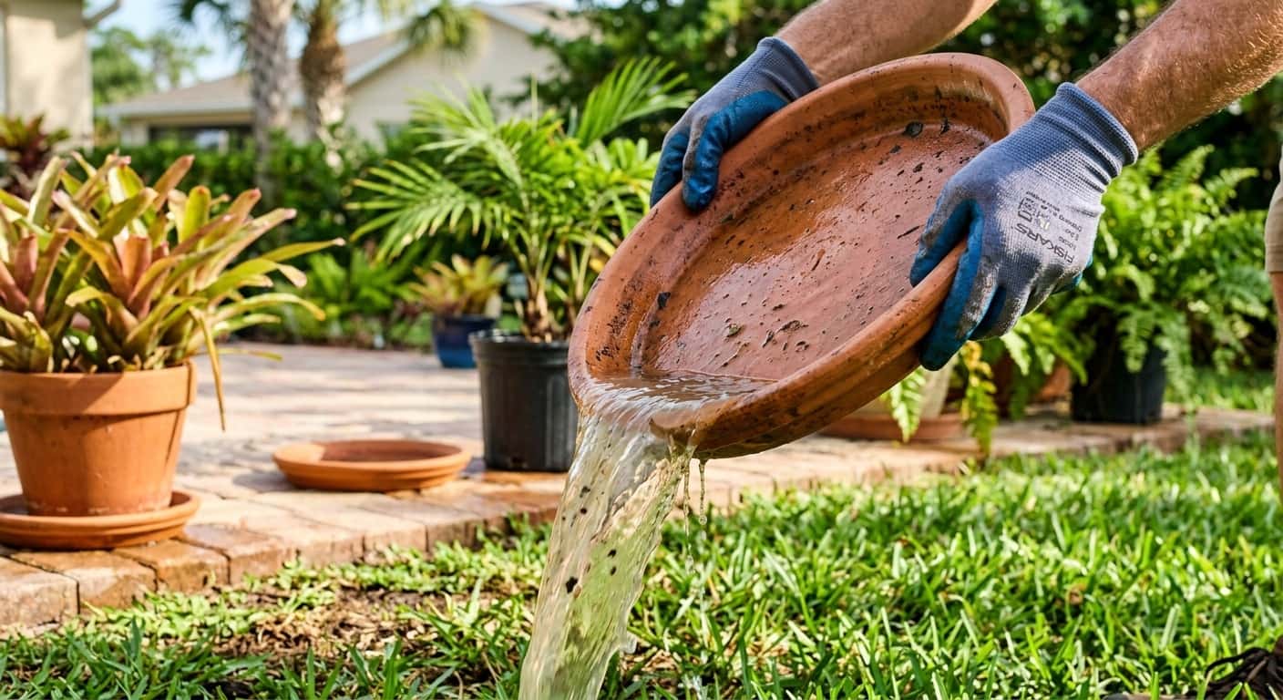 A homeowner dumping standing water from a plant saucer in a Tampa Bay backyard as part of mosquito prevention