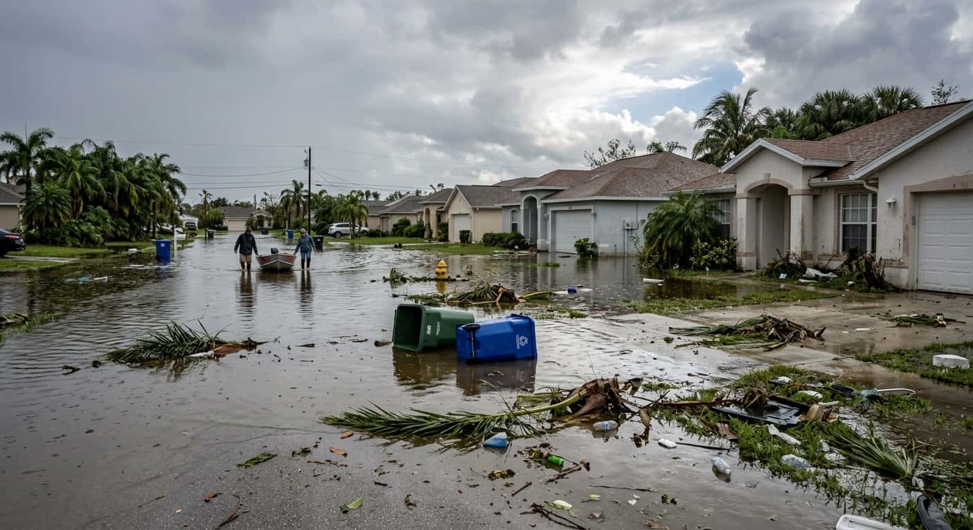 Aerial view of a flooded Florida suburban street after a hurricane with standing water across yards and driveways