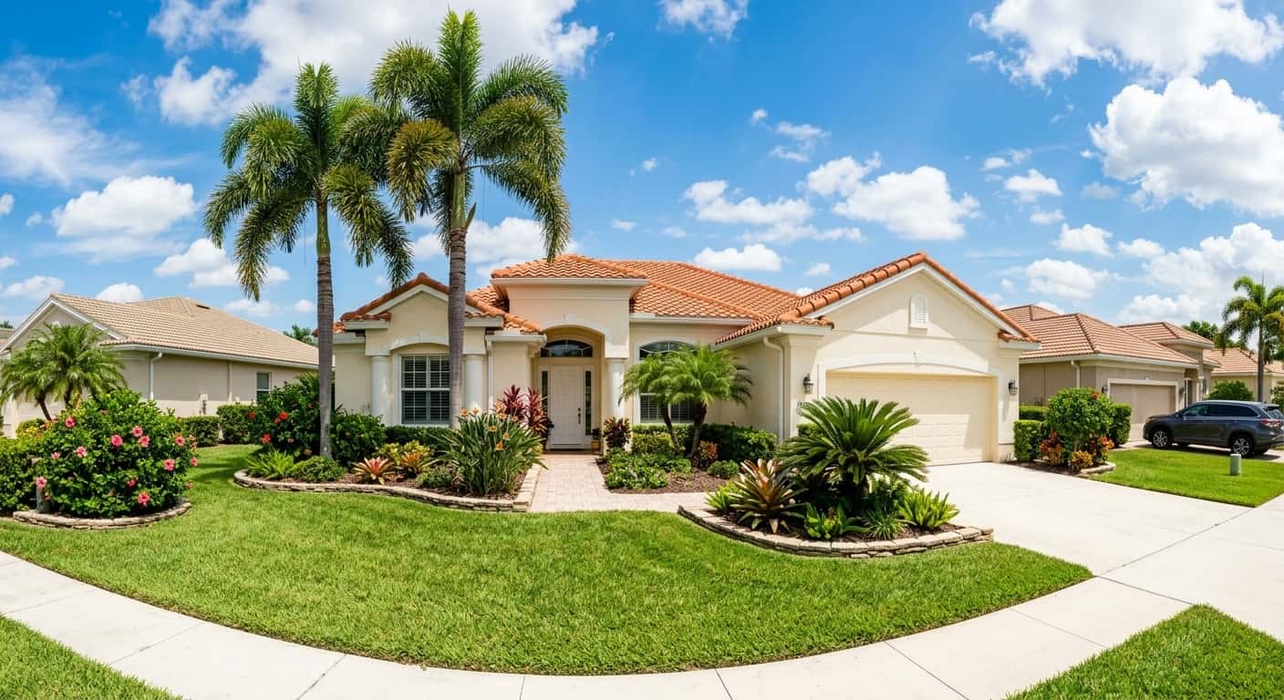 A bright Florida home exterior surrounded by lush tropical landscaping on a sunny summer day