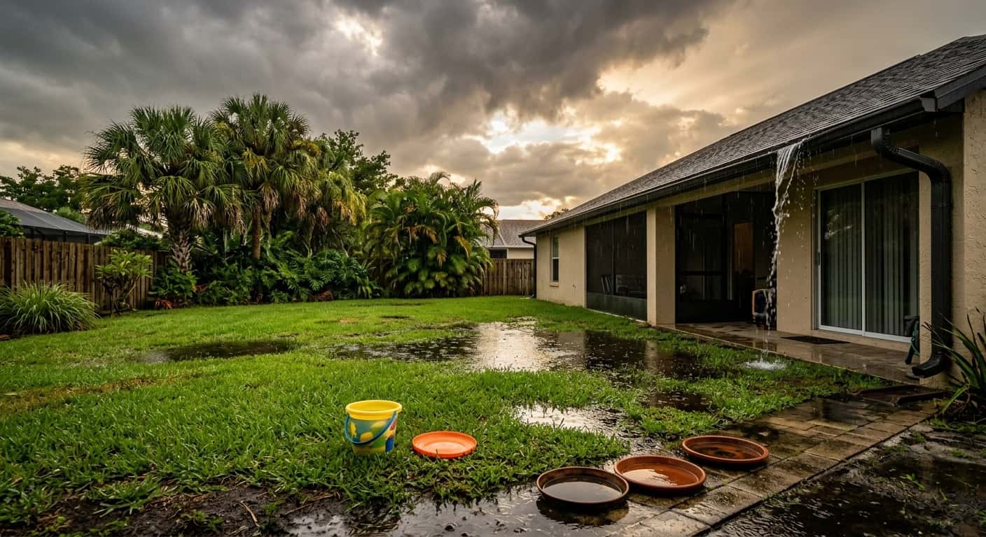A tropical rainstorm over a Tampa Bay neighborhood showing standing water collecting in a yard