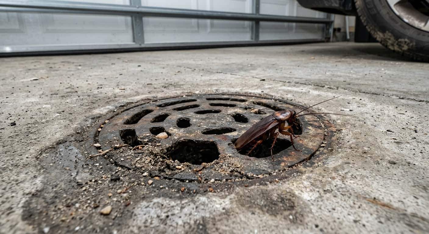 A garage floor drain in a Florida home, the most common palmetto bug entry point from the sewer system