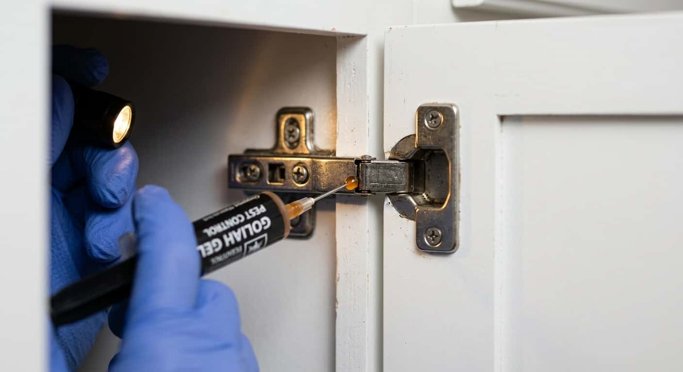 A pest control technician applying precise dots of gel bait inside the hinge area of a kitchen cabinet using a professional applicator syringe