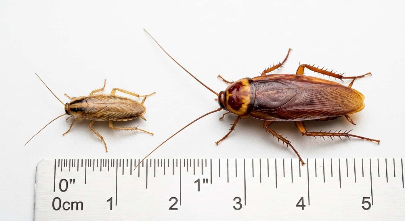 Side-by-side size comparison of a small German cockroach showing two dark parallel stripes next to a much larger reddish-brown American cockroach