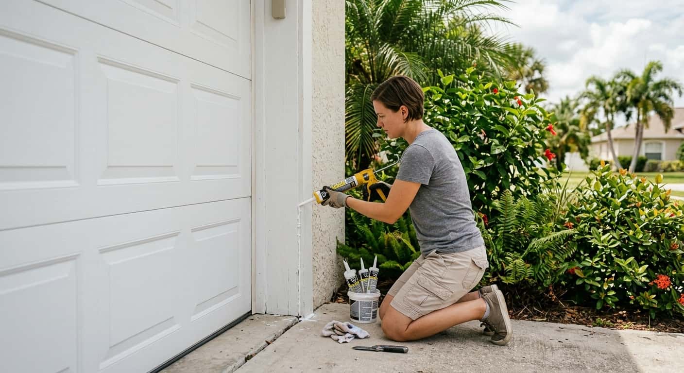 A homeowner sealing the gap between a garage door frame and wall with caulk as part of hurricane pest preparation
