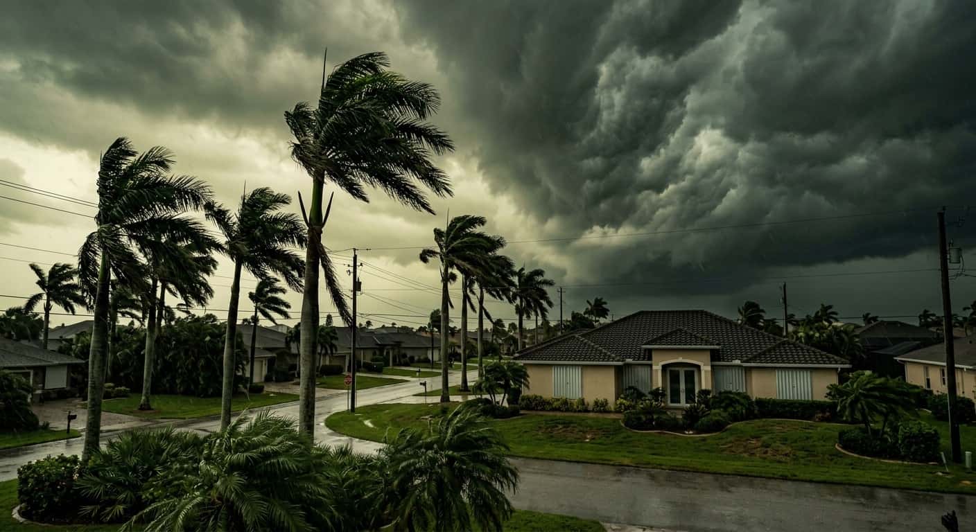 A Florida neighborhood under dark hurricane storm clouds with palm trees bending in strong winds