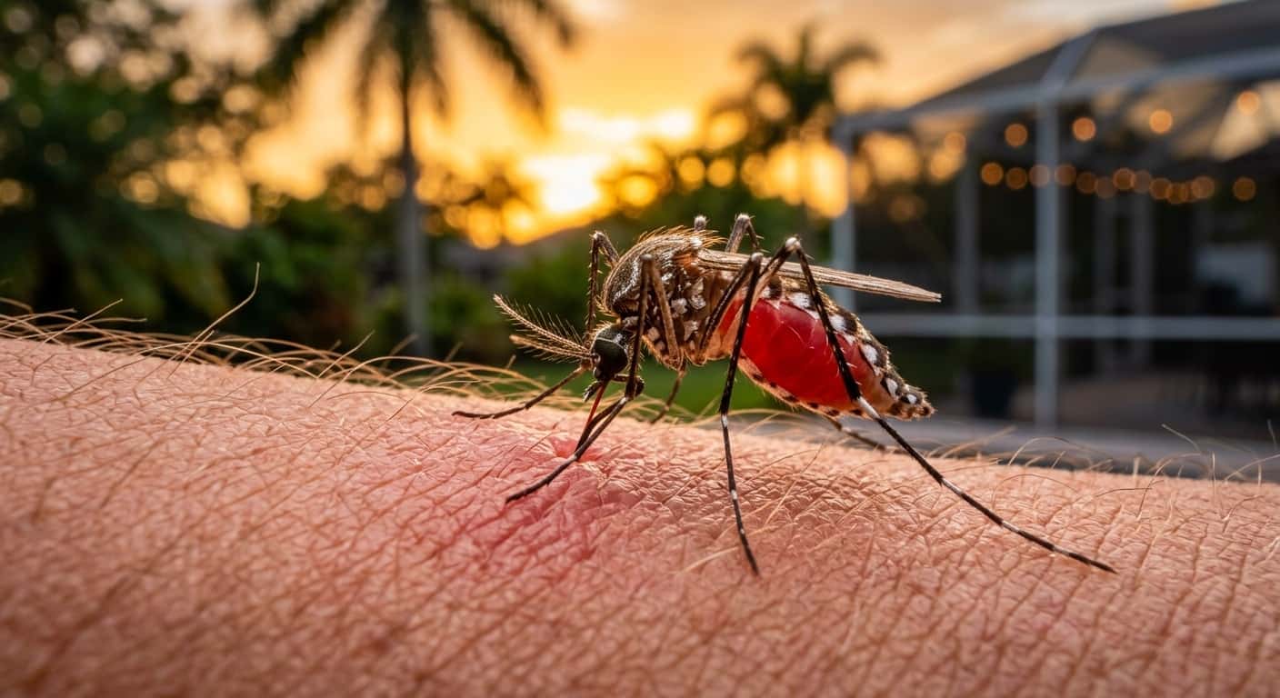 A close-up of a mosquito on human skin with a blurred Tampa Bay backyard at dusk in the background