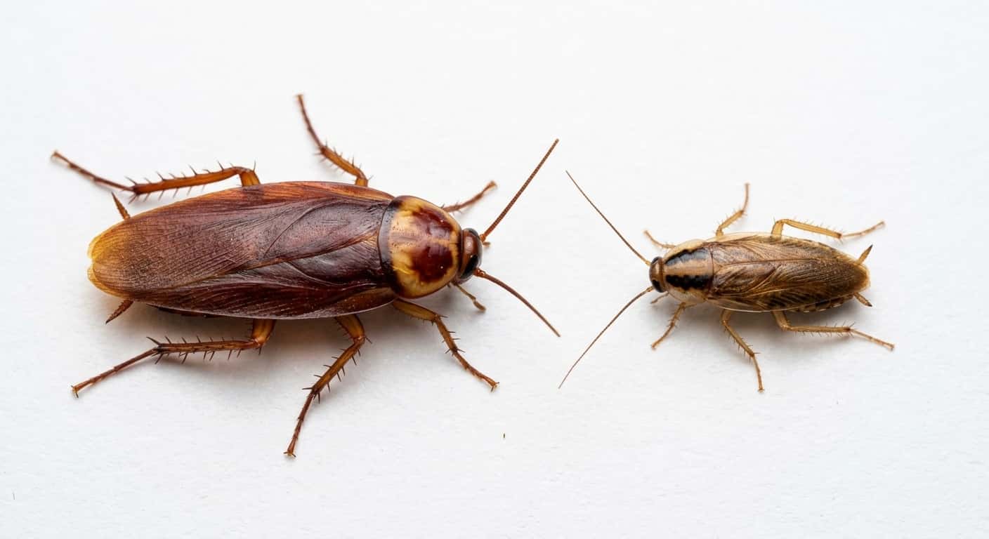 Side-by-side comparison showing an American cockroach (palmetto bug) next to a smaller German cockroach on a white background for size reference