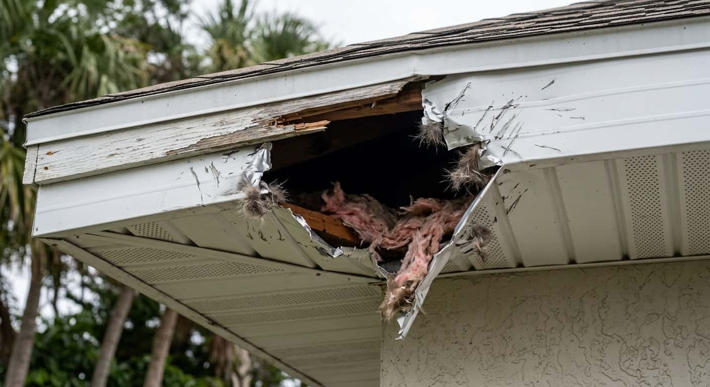 Torn and damaged soffit panel on a Florida home roofline where a raccoon has clawed its way into the attic space