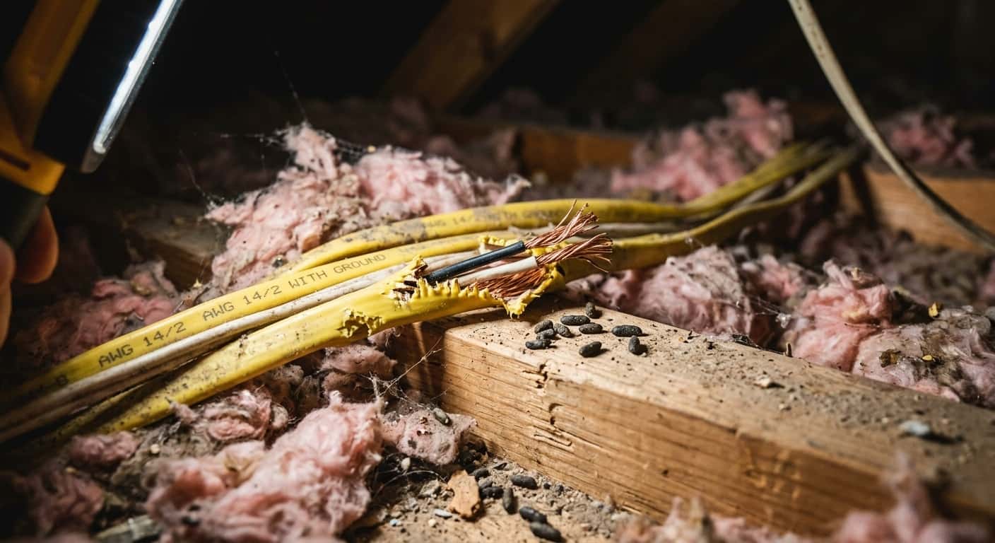 Damaged electrical wiring in a home attic showing chewed insulation exposing bare copper wire, a roof rat fire hazard