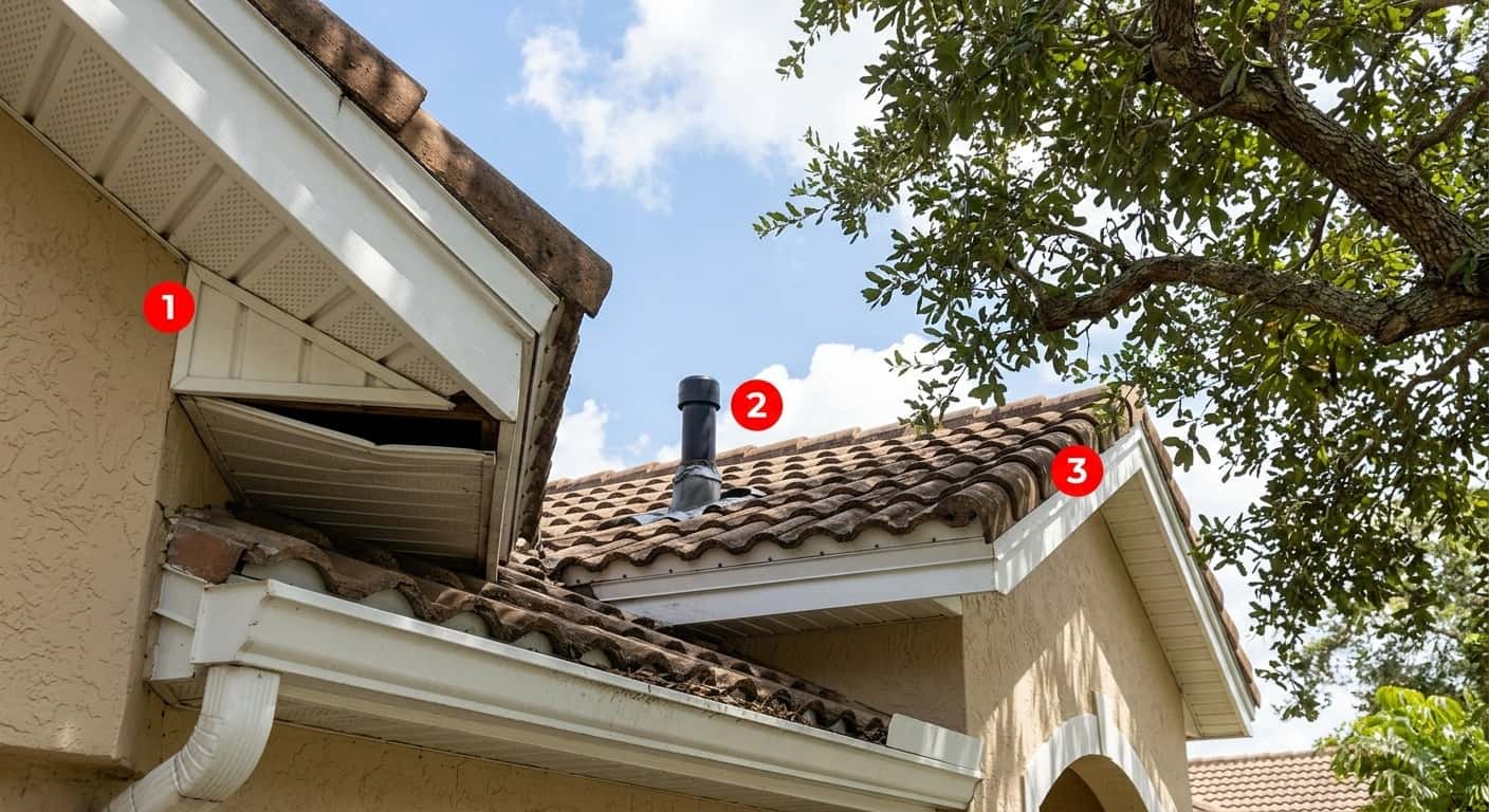 A Florida home roofline showing common roof rat entry points, lifted soffit panel, gap around plumbing vent, and tree branch touching the roof