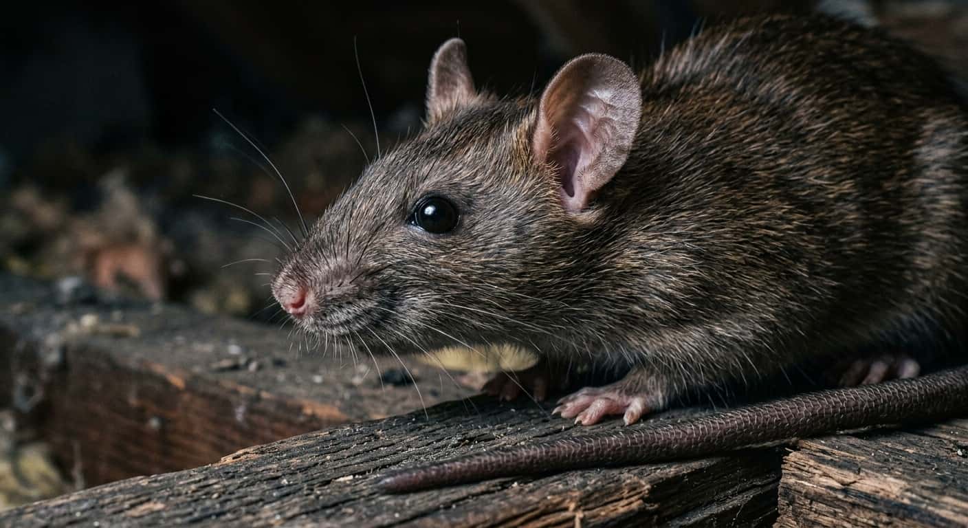 Close-up of a roof rat on a wooden attic rafter showing its pointed snout, large ears, and long dark tail