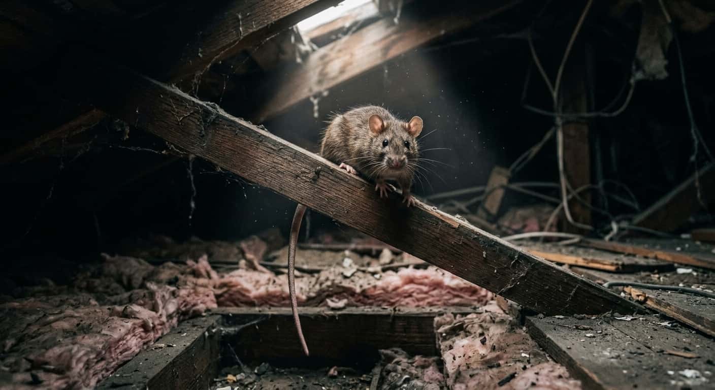 A roof rat perched on a wooden beam in a dark Florida home attic surrounded by insulation