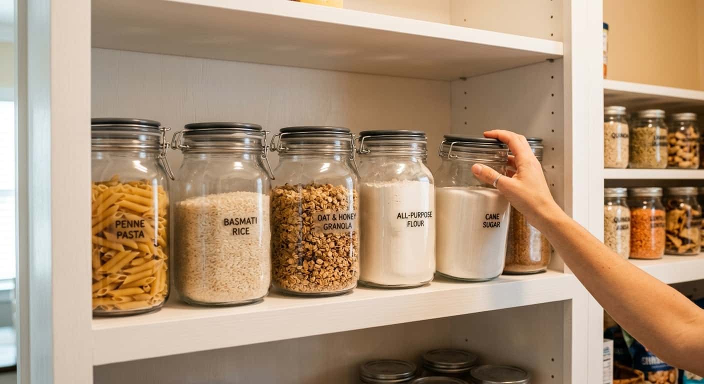 A homeowner organizing sealed glass containers in a clean Florida kitchen pantry as part of palmetto bug prevention