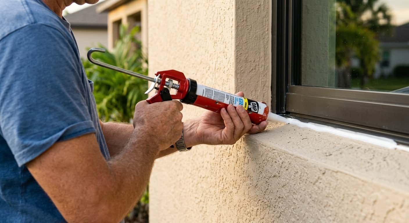 A homeowner applying caulk sealant around a window frame to prevent pest entry during Florida summer