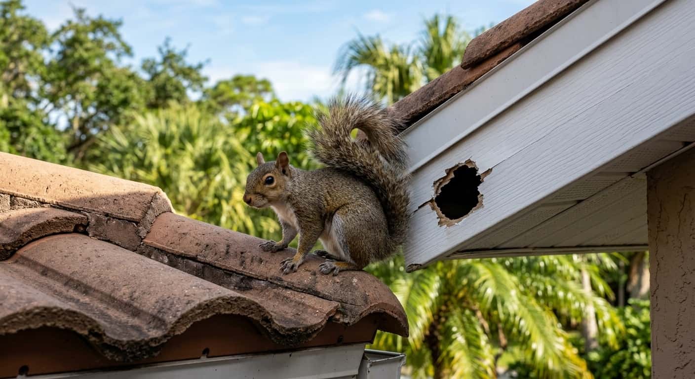 A gray squirrel sitting on the edge of a Florida home's barrel tile roof near a gap in the soffit