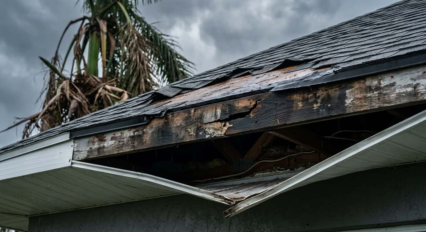 A damaged Florida home roofline after a storm showing lifted shingles and exposed soffit gaps where rodents can enter