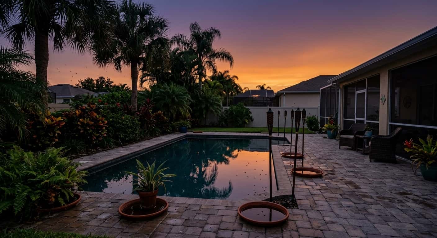 A Tampa Bay backyard at dusk with a pool, palm trees, and visible mosquitoes hovering near standing water in plant saucers
