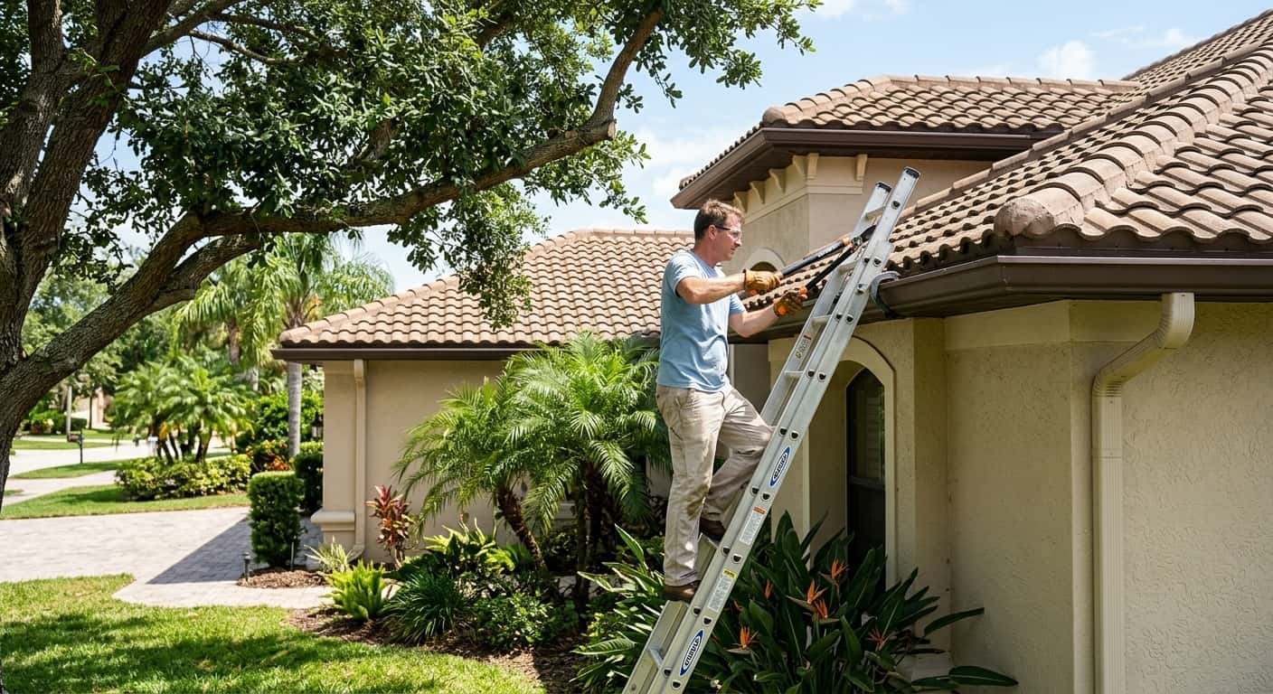 A homeowner on a ladder trimming a tree branch that extends over a Florida home roofline to prevent roof rat access