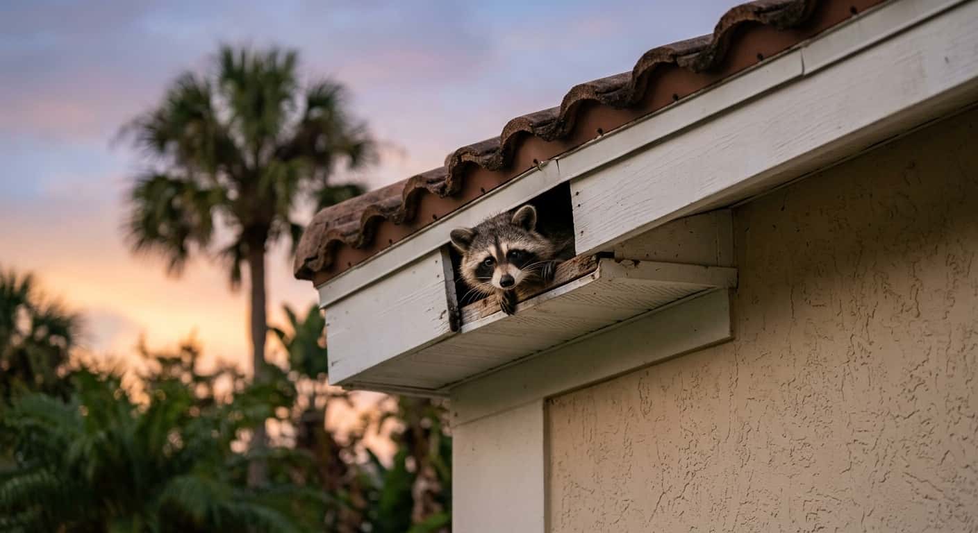 A raccoon peering out from a gap in the soffit of a Florida home roof at dusk